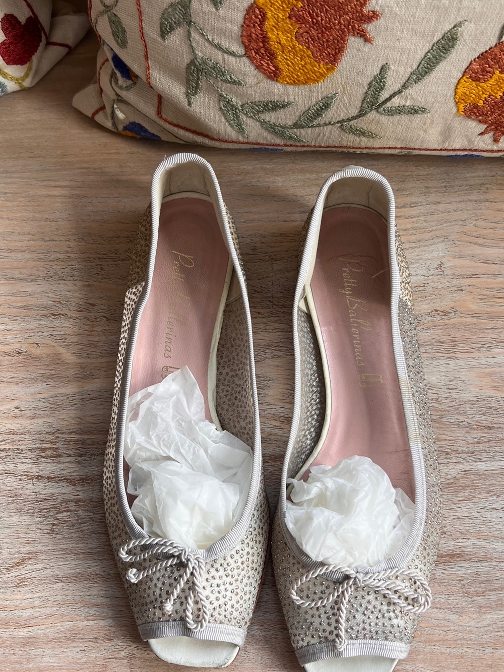 Pretty Ballerinas Champagne Rhinestone Peep-Toe Ballet Flats